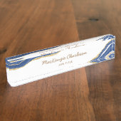 Navy Blue Marble Agate Gold Glitter Professional Naambordje (Zijkant)