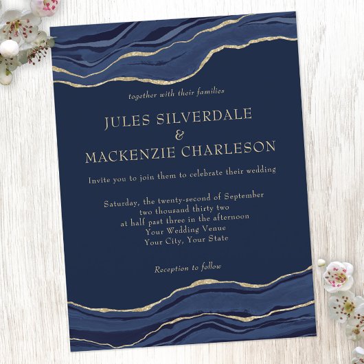 Navy Blue Marble Agate Gold Glitter Wedding Invite Briefkaart