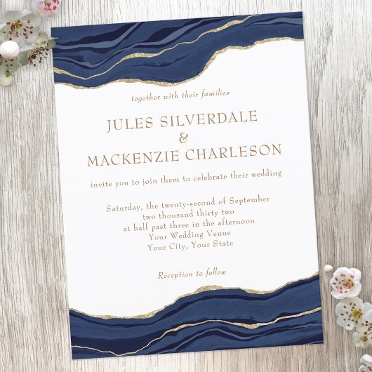 Navy Blue Marble Agate Gold Glitter Wedding Invite Briefkaart
