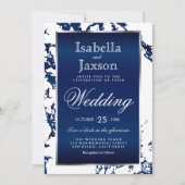 Navy Blue Marble, White & Silver Invitation Kaart (Voorkant)
