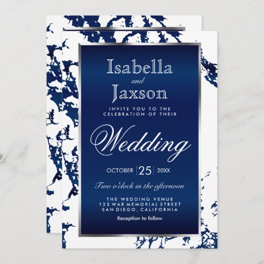 Navy Blue Marble, White & Silver Invitation Kaart (Voorkant / Achterkant)