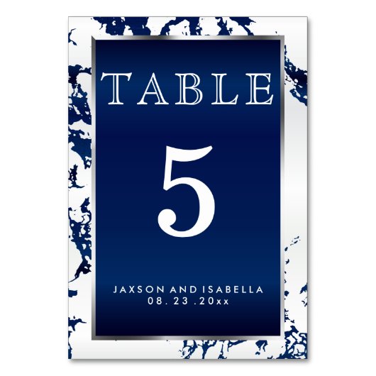 Navy Blue Marble, White & Silver - Table Kaart (Voorkant)