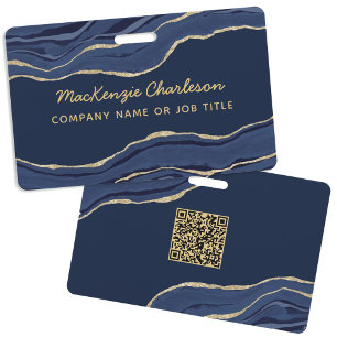 Navy Blue Marmer Agatische Geode Zakelijke QR Code Badge