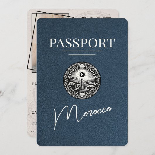 Navy Blue Marokko Passport Bewaar de datum Save The Date (Voorkant / Achterkant)