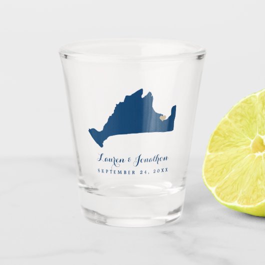 Navy Blue Martha's Vineyard Kaart Gold Heart Weddi Shot Glas (Voorkant)