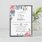 Navy Blue Mauve Botanicals Uitnodiging voor bruilo (Staand voorkant)