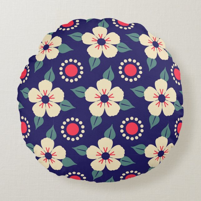 Navy Blue met Cream Flowers Rond Kussen (Voorkant)