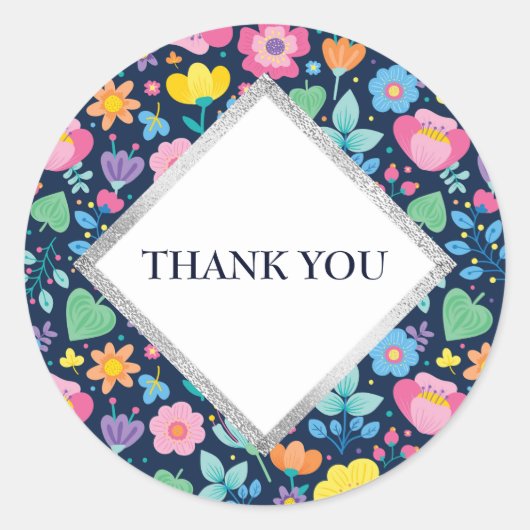 Navy Blue met Cute Flowers Dank je Sticker (Voorkant)