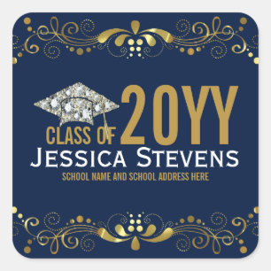 Navy Blue met Faux Gold Lace en Diamonds Afstudeer Vierkante Sticker
