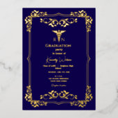 Navy Blue met Goud Lijst Afstuderen Folie Uitnodiging (Voorkant)