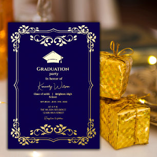 Navy Blue met Goud Lijst Afstuderen Folie Uitnodiging