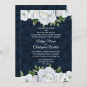 Navy Blue met White Floral Wedding Invitation Kaart (Voorkant / Achterkant)
