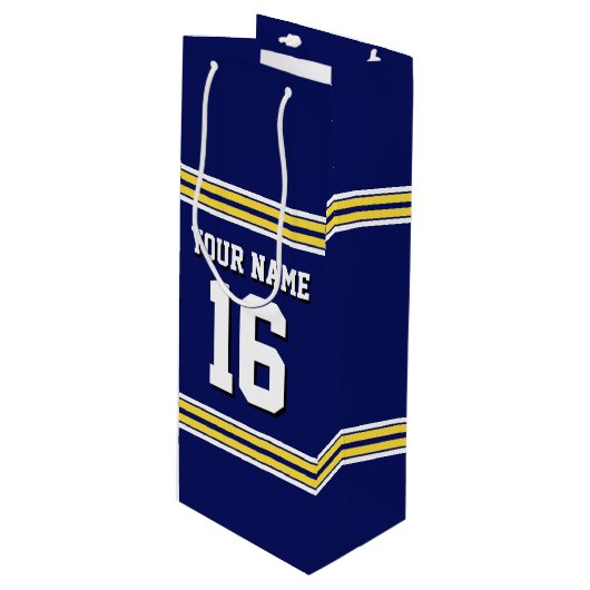Navy Blue met Yellow White Stripes Team Jersey Wijn Cadeautas (Voorkant Gekanteld)