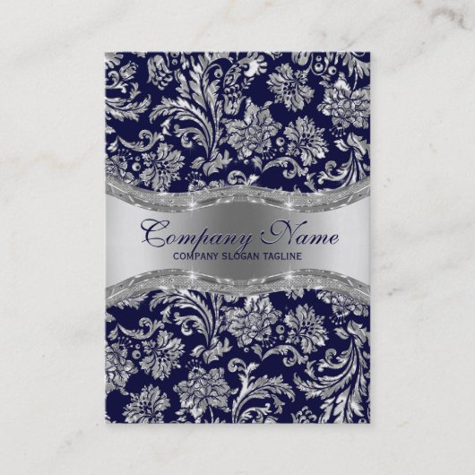 Navy Blue & Metallic Silver  Damasks Visitekaartje (Voorkant)