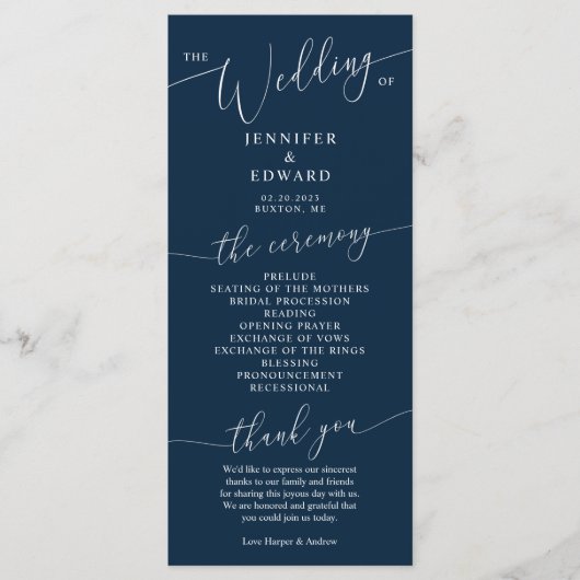 Navy Blue Minimal Wedding Ceremony Program Programma (Voorkant)