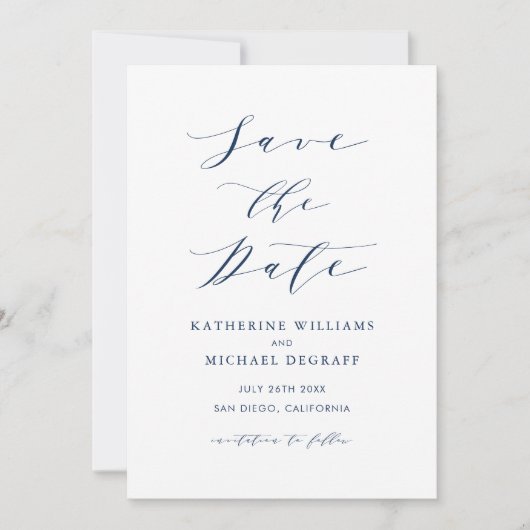 Navy Blue Minimalist Dainty Script Save The Date (Voorkant)