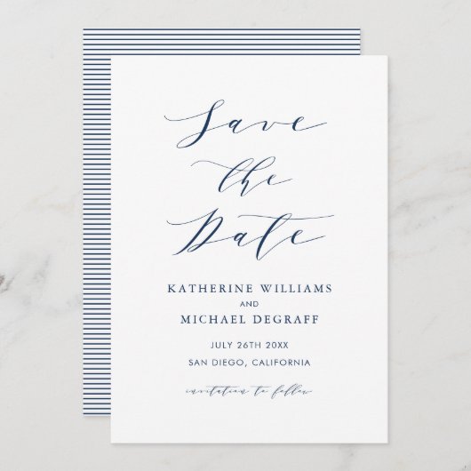 Navy Blue Minimalist Dainty Script Save The Date (Voorkant / Achterkant)