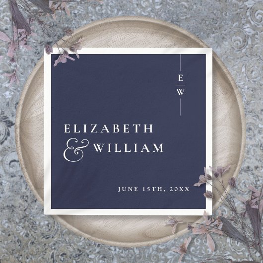 Navy Blue Minimalist Elegant Monogram Huwelijk Servet