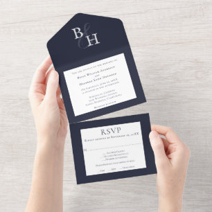 Navy Blue Minimalist Monogram Huwelijk All In One Uitnodiging