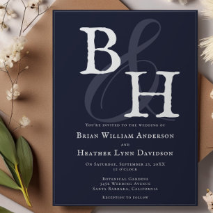 Navy Blue Minimalist Monogram Huwelijk Kaart