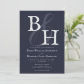 Navy Blue Minimalist Monogram Huwelijk Kaart (Staand voorkant)