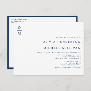 Navy Blue Minimalist Monogram QR Code Wedding Uitnodiging Briefkaart