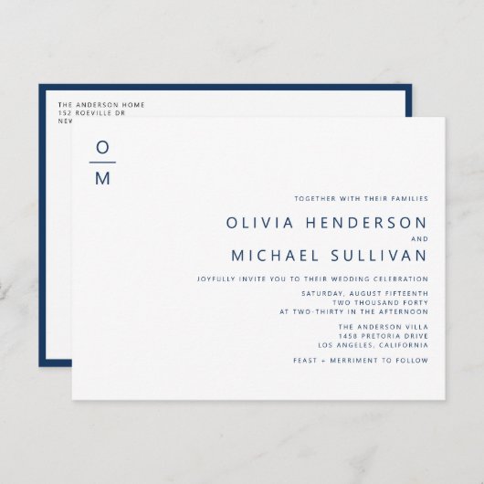 Navy Blue Minimalist Monogram QR Code Wedding Uitnodiging Briefkaart (Voorkant / Achterkant)