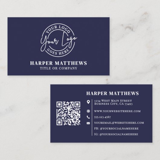 Navy Blue Minimalist Professional Logo QR Code Visitekaartje (Voorkant / Achterkant)