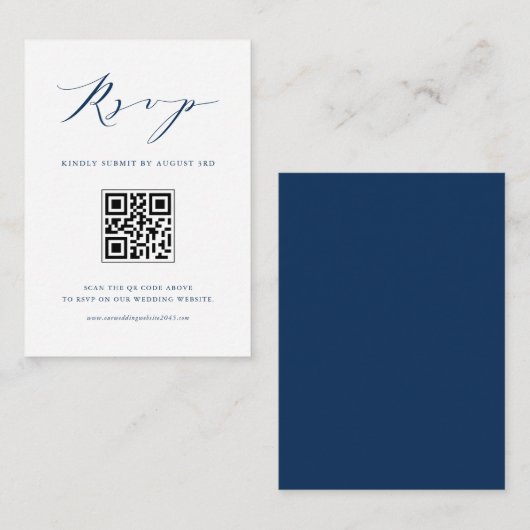 Navy Blue Minimalist Script Black QR Code RSVP Informatiekaartje (Voorkant / Achterkant)