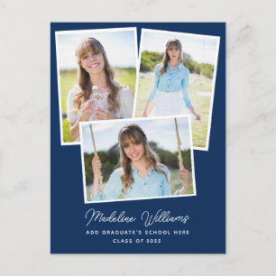 Navy Blue Minimalist Script Multi Photo Afstuderen Briefkaart