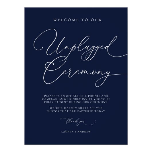 Navy Blue Minimalist Wedding Unplugged Ceremony Perfect Poster (Voorkant)