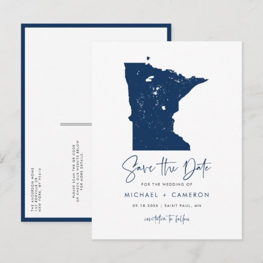 Navy Blue Minnesota Kaart QR Code Bewaar de datum (Voorkant / Achterkant)
