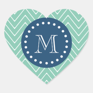 Navy Blue, Mint Green Chevron Pattern Uw Monog Hart Sticker