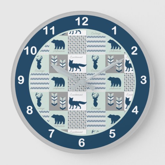 Navy Blue, Mint Green Woodland Animals Grote Klok (Voorkant)