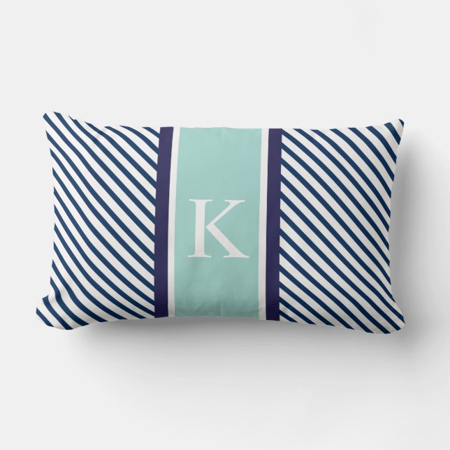 Navy Blue Mint Stripes en Monogram Kussen (Voorkant)