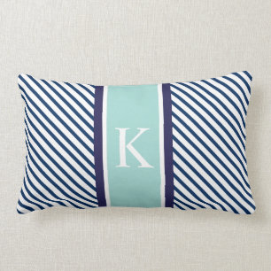 Navy Blue Mint Stripes en Monogram Kussen