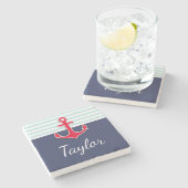 Navy Blue Mint Stripes Red Anchor Personalized Stenen Onderzetter (Zijkant)