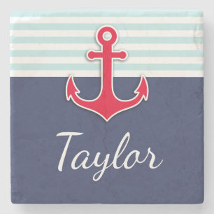 Navy Blue Mint Stripes Red Anchor Personalized Stenen Onderzetter