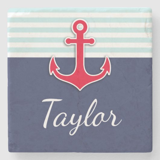 Navy Blue Mint Stripes Red Anchor Personalized Stenen Onderzetter (Voorkant)