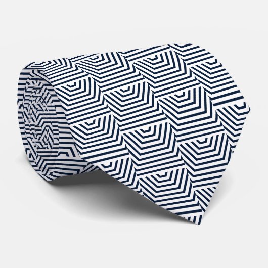 Navy Blue Mod Geometric met White Stropdas (Opgerold)