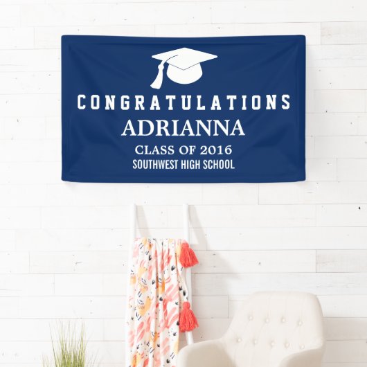 Navy Blue Modern Afstuderen Pet gefeliciteerd Spandoek (Insitu)