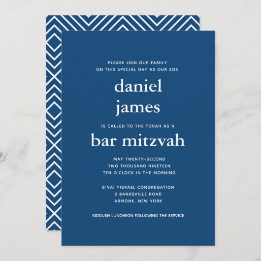 Navy Blue Modern Bar Mitzvah II Invitation (Devant / Derrière)