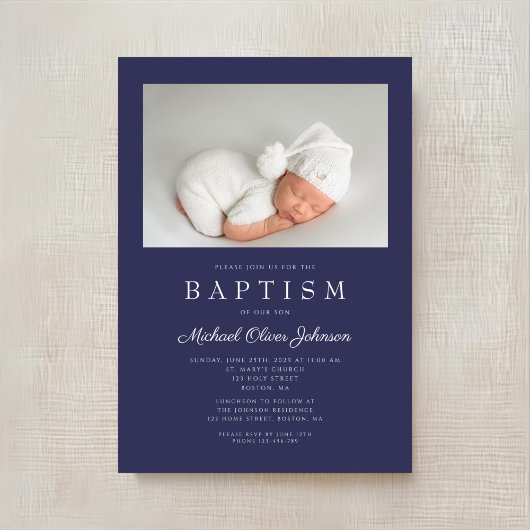 Navy Blue Modern Boy Photo Baptisme Kaart