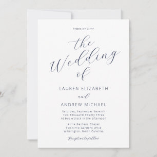 Navy Blue Modern Calligraphy Script Wedding Kaart