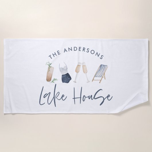 Navy blue modern champagne script Lake house Strandlaken (Voorkant)