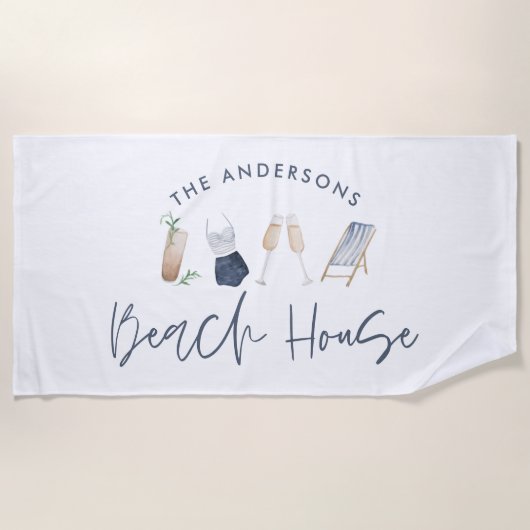 Navy blue modern champagne script strand house strandlaken (Voorkant)