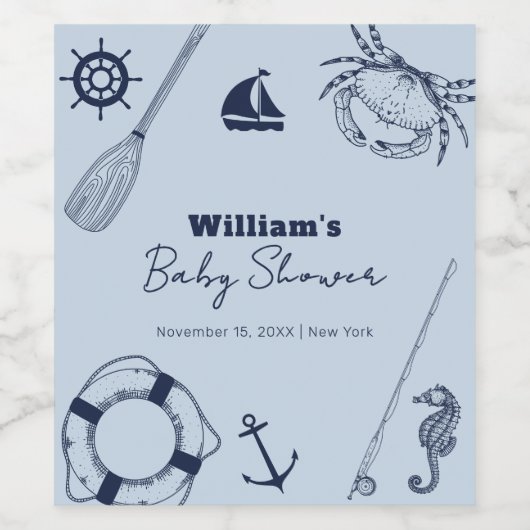 Navy Blue Modern Elegant Gevist Boy Baby shower Wijn Etiket (Enkel label)