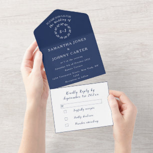 Navy Blue Modern Elegant Simple Wedding All In One Uitnodiging