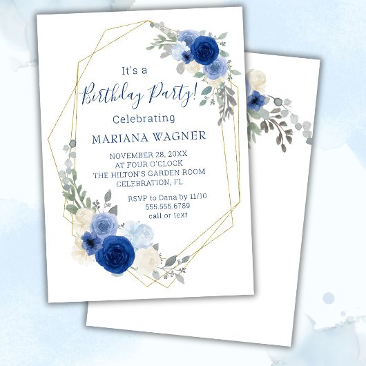 Navy Blue Modern Floral Birthday Party Kaart