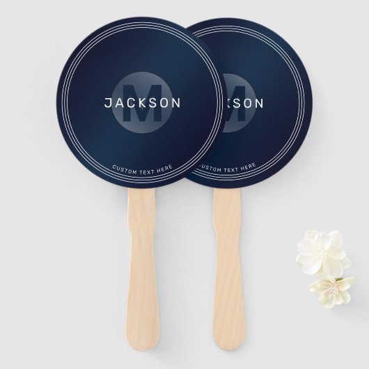 Navy blue modern, gepersonaliseerd monogram hand handwaaier (Voorkant en achterkant)